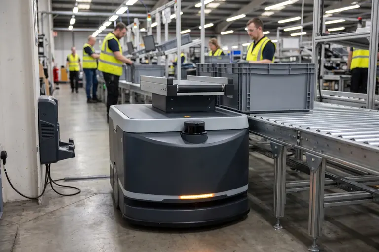 An AMR robot with a conveyor top module transferring a tote at a line-side station in a UK factory, beside a charging dock