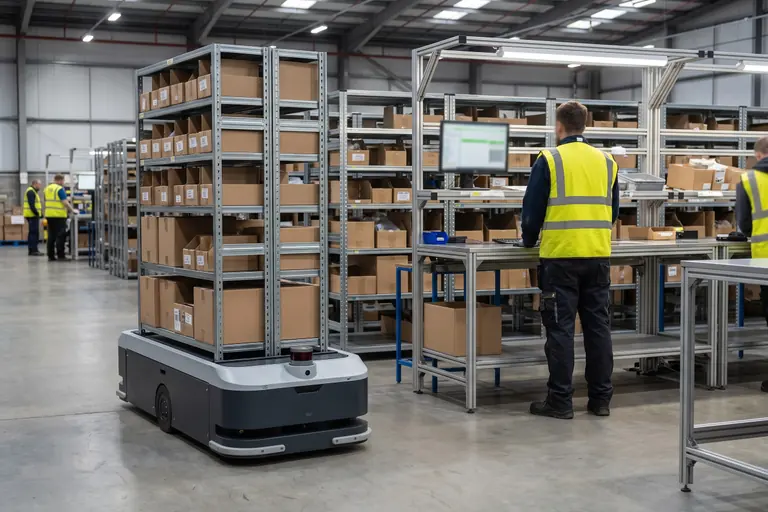 A shelf-carrying autonomous mobile robot bringing a storage unit to a goods-to-person picking station in a UK warehouse