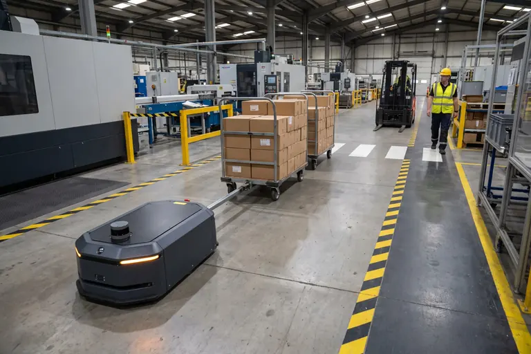 A tugger autonomous mobile robot towing carts of boxed components along a marked aisle in a UK factory, beside a pedestrian walkway