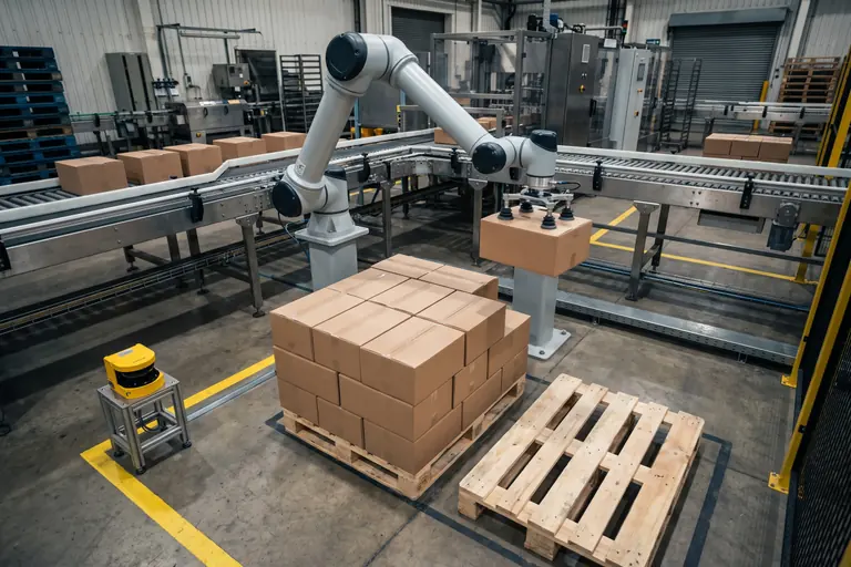 A cobot palletiser on a column lifting a cardboard case from a conveyor onto a pallet, with a floor safety scanner and yellow floor markings around the work area