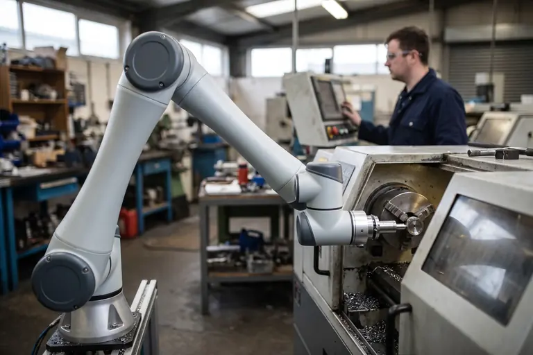 A cobot (collaborative robot arm) loading a turned steel part into a CNC lathe while an operator works at the control panel nearby