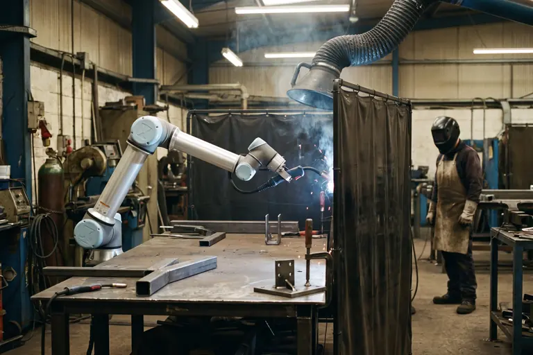 Cobot welding: a cobot arm with a welding torch working on a steel bracket beside a dark welding screen, with fume extraction overhead and a welder standing back