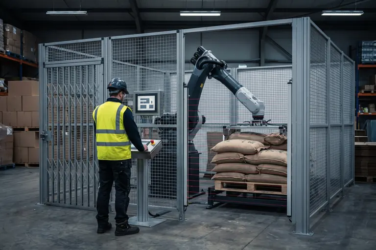 A fenced industrial robot palletising cell with an interlocked gate and a light curtain, and an operator at a control panel outside the guarding
