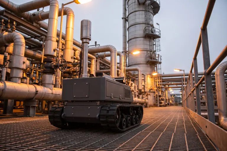 A heavily built tracked inspection robot on a steel grated walkway between pipework on a chemical plant at dusk.