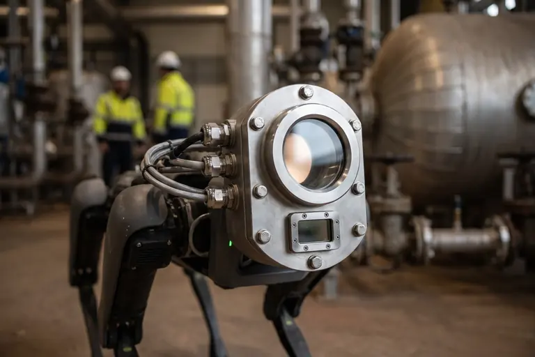Close-up of a sealed stainless-steel sensor housing with a thick glass window on an inspection robot.