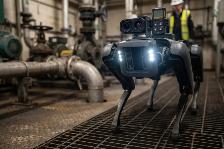 Close-up of a four-legged inspection robot's sensor head with a zoom camera, lights and a gas detector, in a pump house.