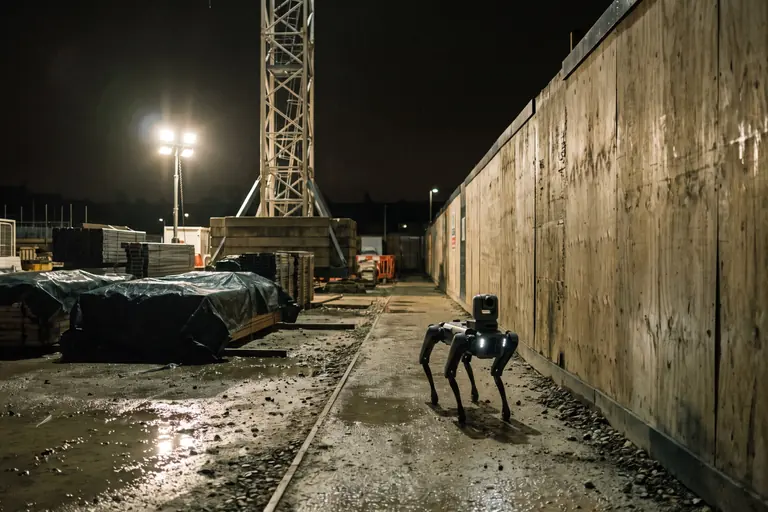 A four-legged robot with its lights on patrolling inside the hoarding of a construction site at night.