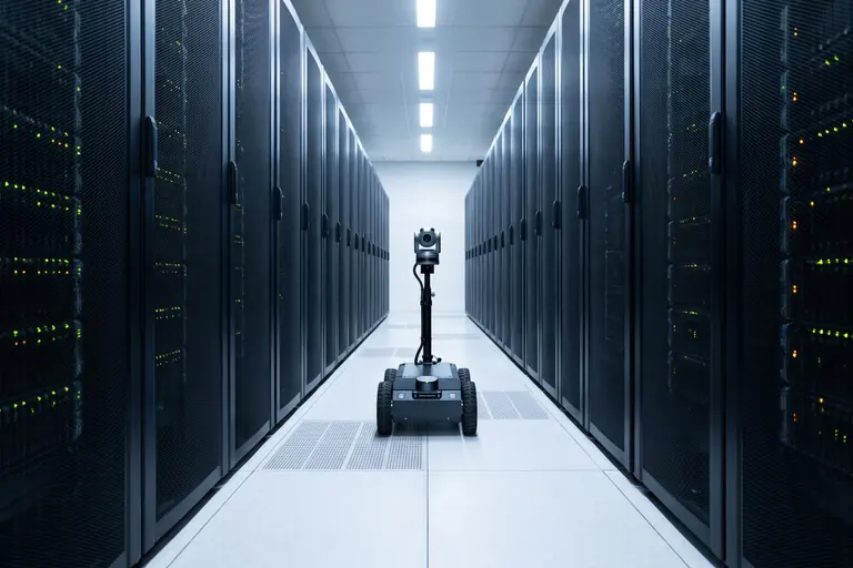 A low wheeled inspection robot with a camera mast rolling down a cold aisle between rows of server racks.