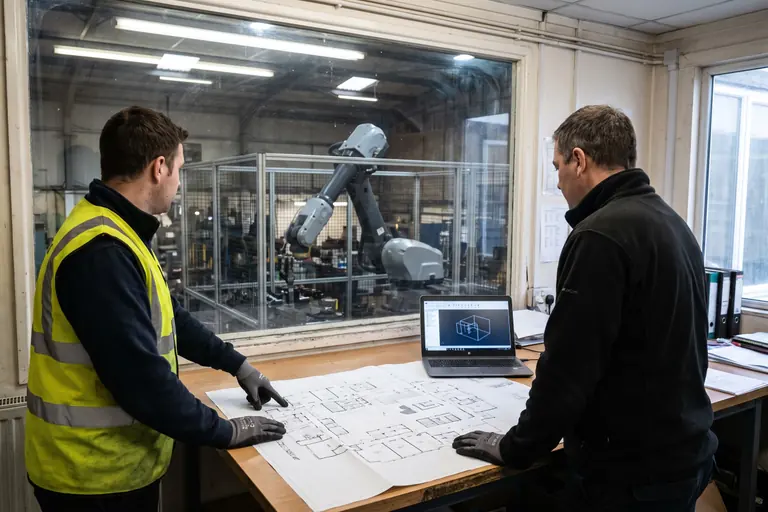 An engineer and a production manager reviewing a printed robot cell layout and a 3D model on a laptop, preparing a robotics project before a Made Smarter or robotics funding application.