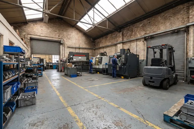 The shop floor of a small UK engineering business with CNC machines, a press brake and racking, the kind of SME manufacturer Made Smarter is aimed at.