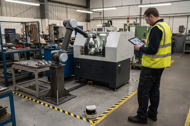 A collaborative robot arm loading a small CNC machine inside a marked area with a floor safety scanner, the kind of robot cell a robotics funding application might describe, with an operator outside the marked area.