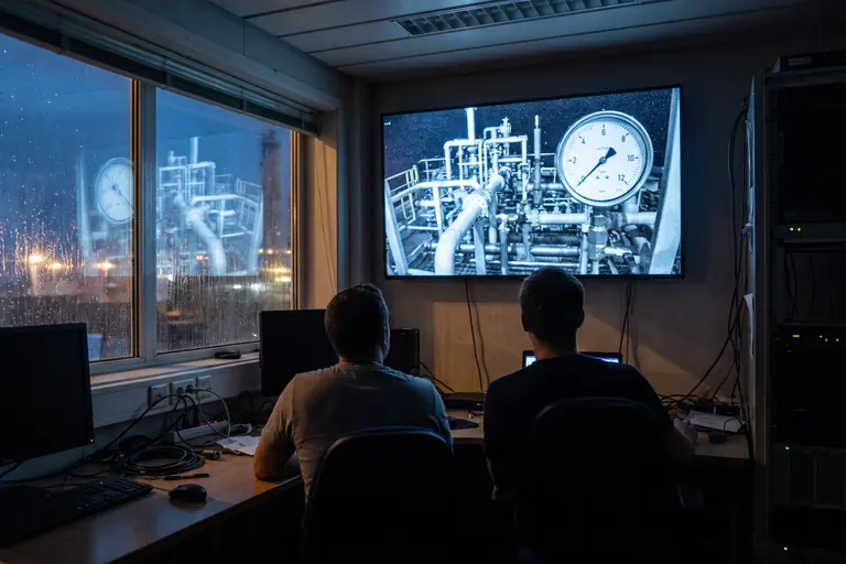 Two engineers seen from behind in a dim onshore operations room, watching a wall screen showing a camera view of offshore pipework and a gauge.