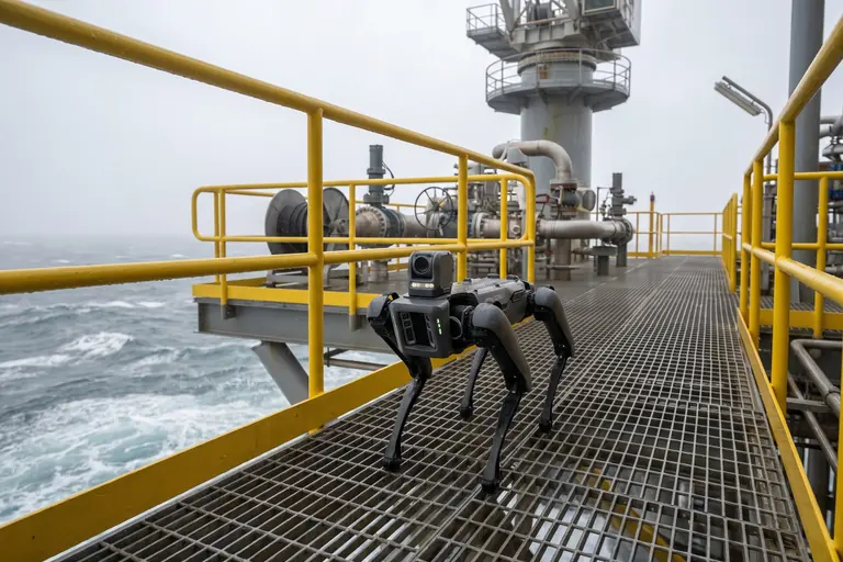 A four-legged inspection robot walking along the wet grated weather deck of an offshore platform above a rough grey sea.