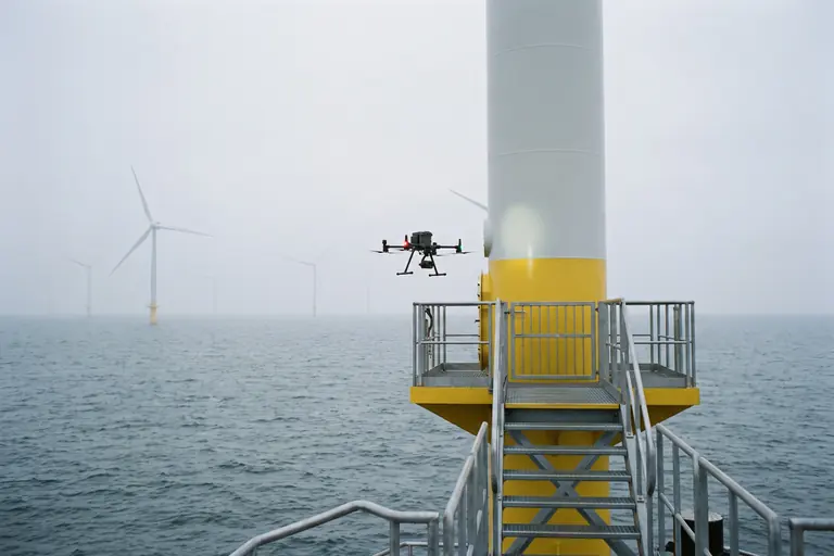 A small inspection drone hovering beside the yellow transition piece of an offshore wind turbine on a grey day.
