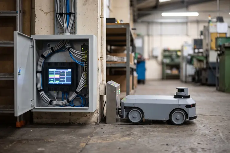A network cabinet with a small industrial computer and switch beside a docked mobile robot, where robot middleware can run on a site network.
