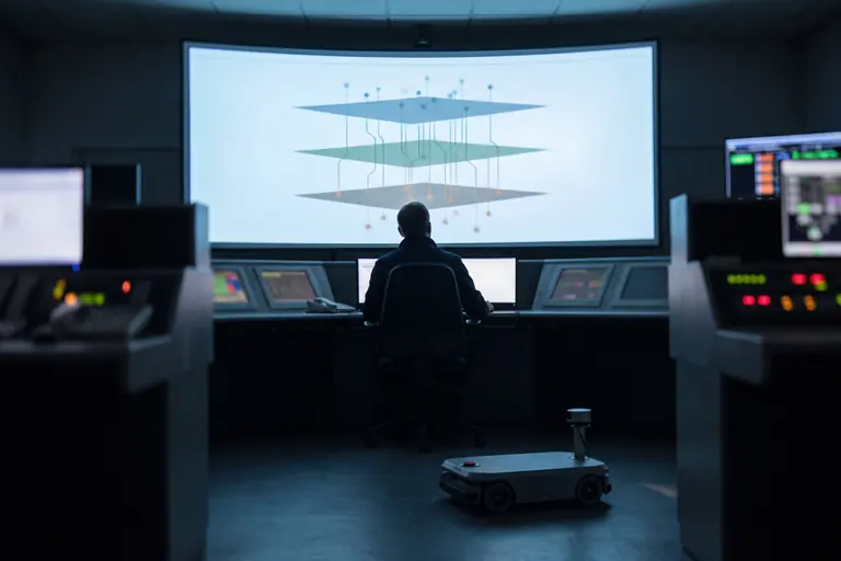An engineer in a control room studying an abstract layered diagram of robot operating software, middleware and site systems on a large screen.