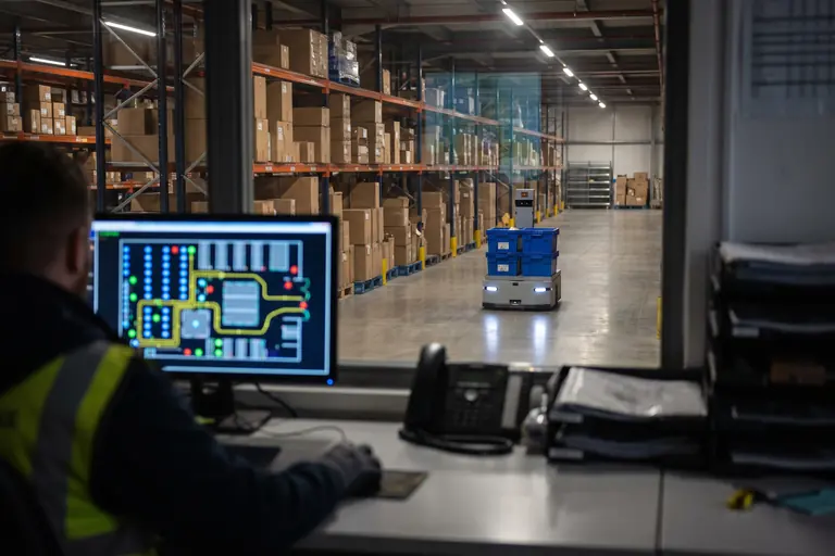 A mobile robot moving totes in a UK warehouse while a control desk screen shows its route on a site map, the link robot operating software provides.