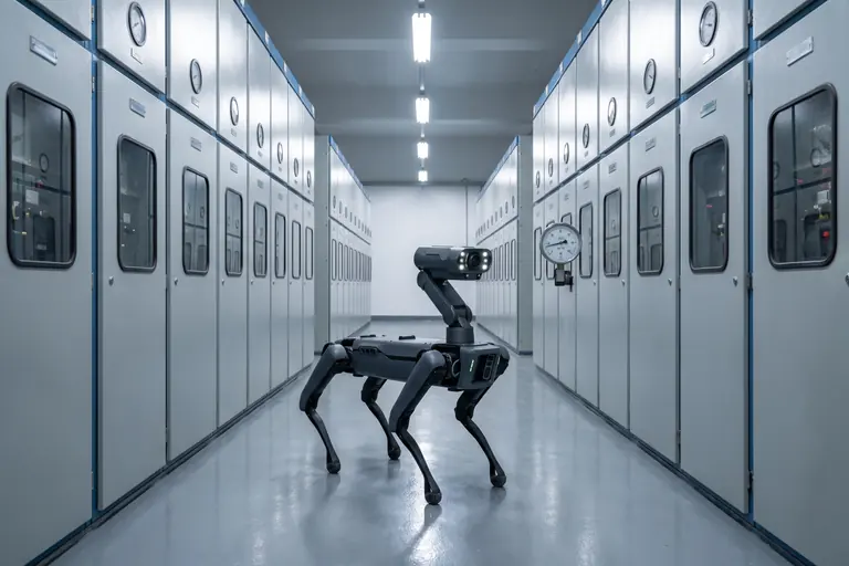 A four-legged inspection robot in a switchgear hall, its sensor head turned towards a pressure gauge.