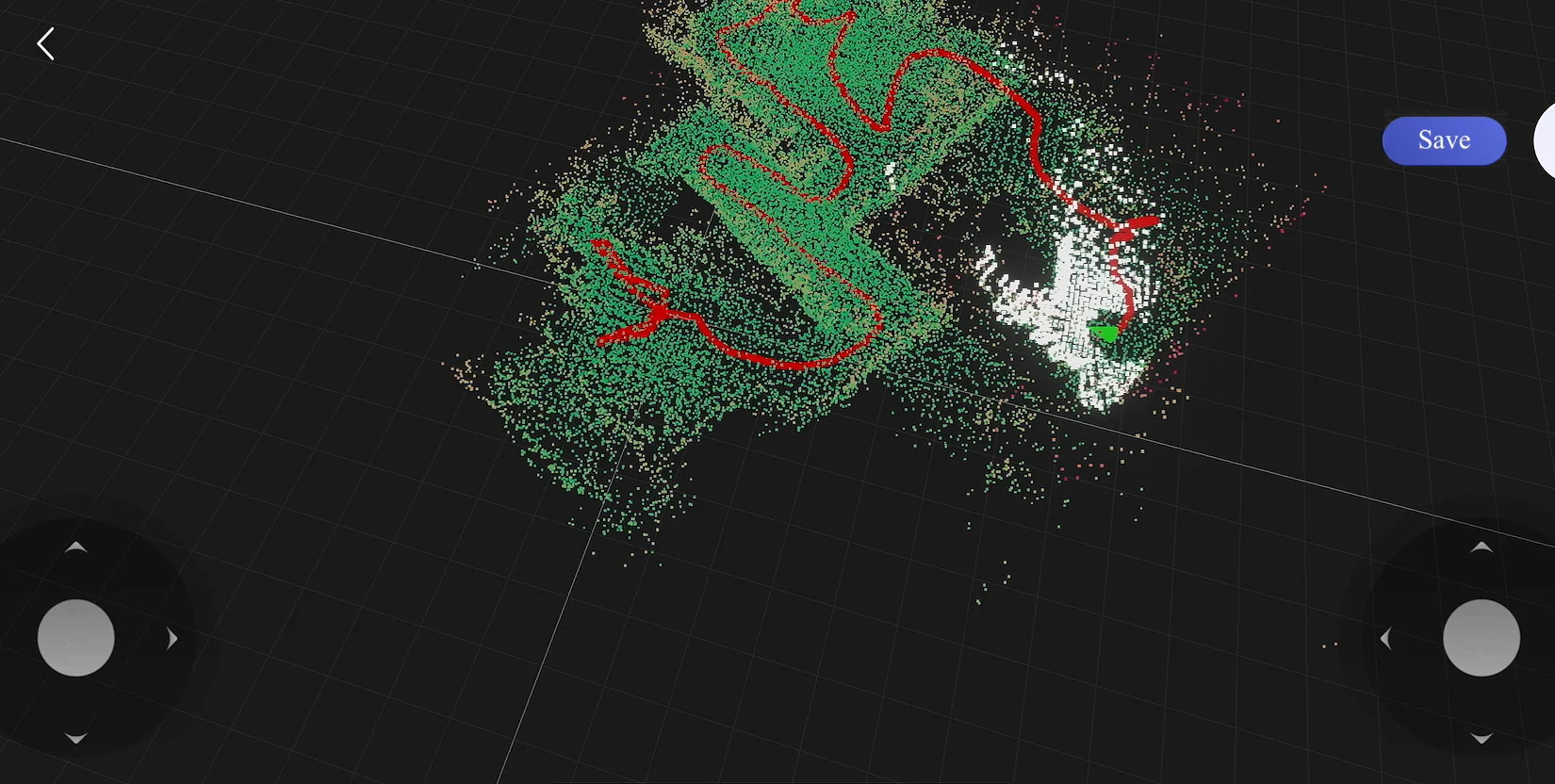 Overhead LiDAR site map with a red patrol route traced through the scanned buildings and grounds