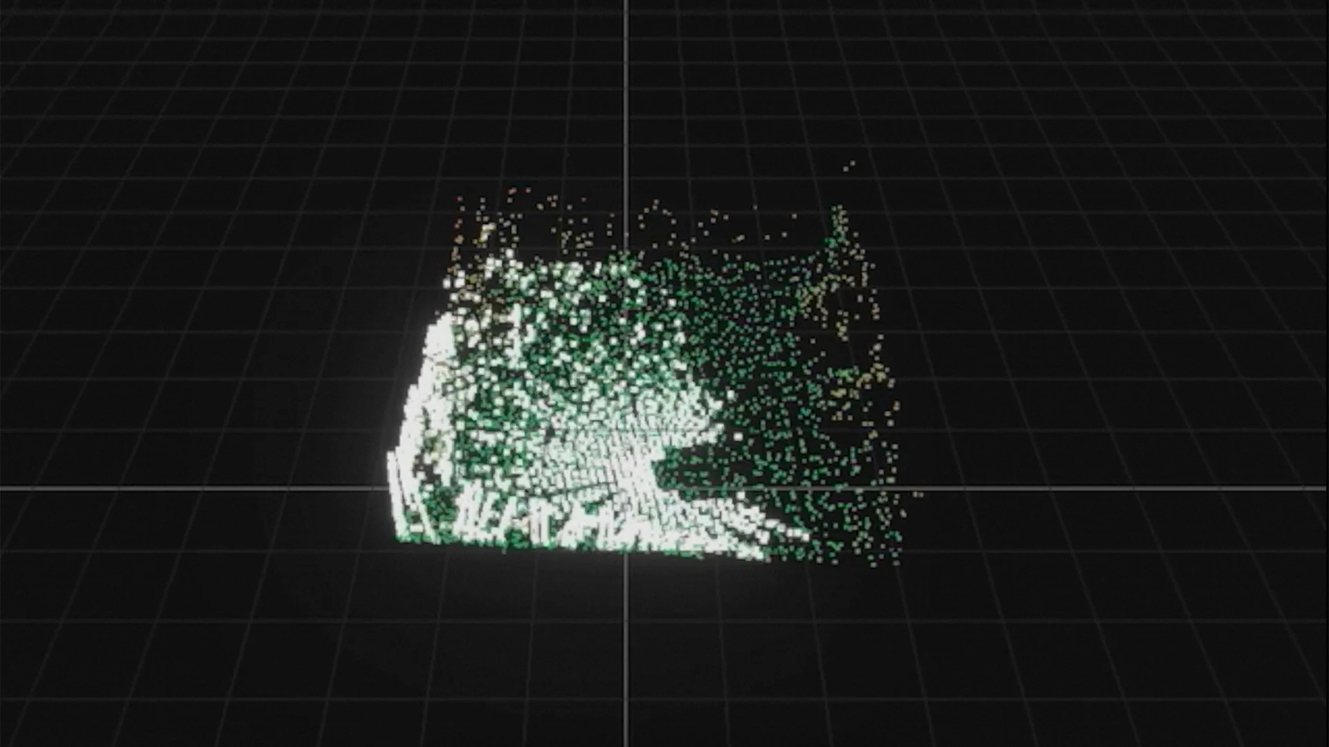 LiDAR point cloud of a room scanned by a quadruped robot, rendered on a dark grid