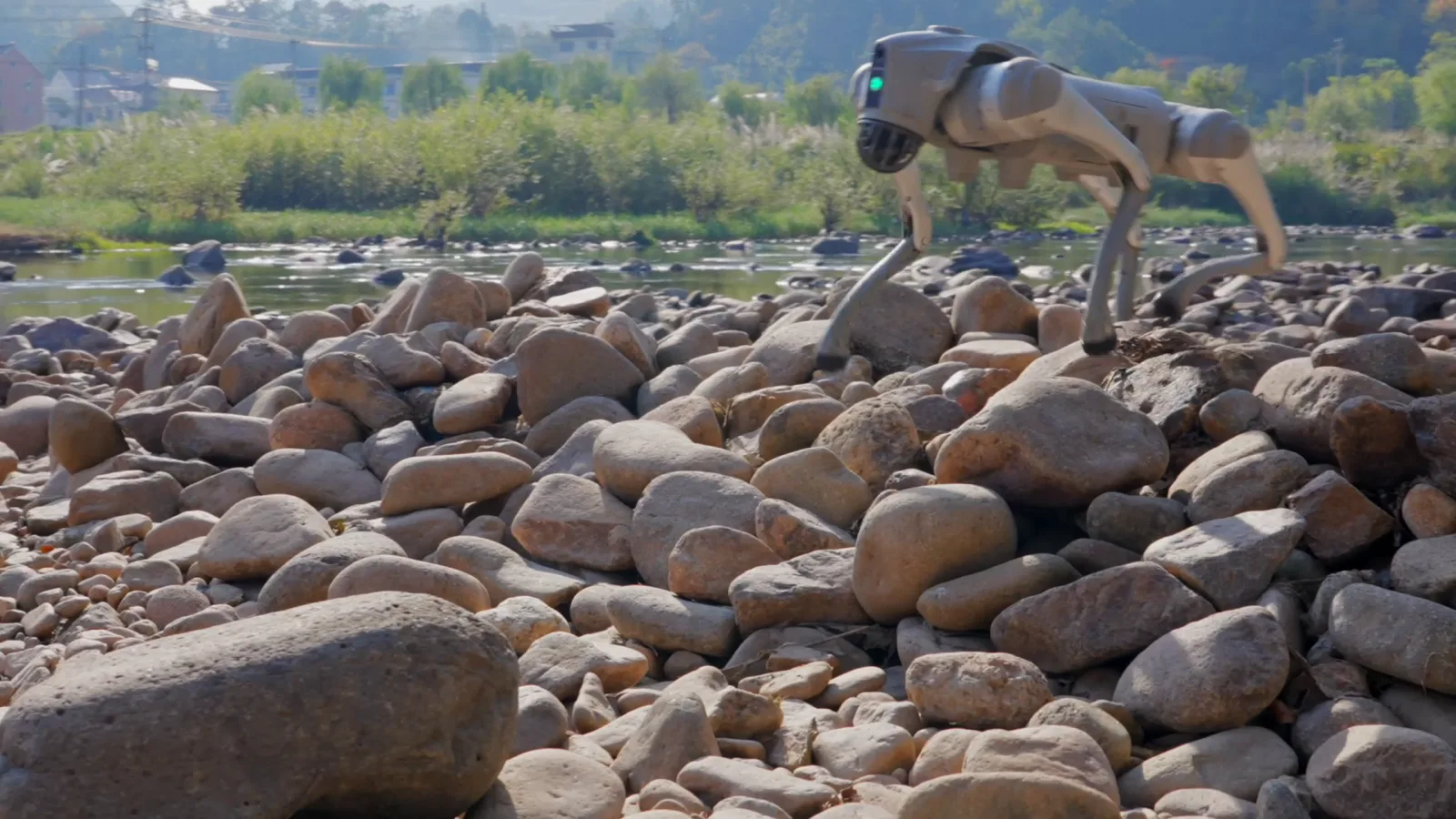 Quadruped robot crossing loose rocks by a stream