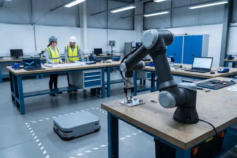 A robot arm and a mobile robot in a test bay while engineers plan a pilot, the kind of trial robotics companies in the UK run before rollout