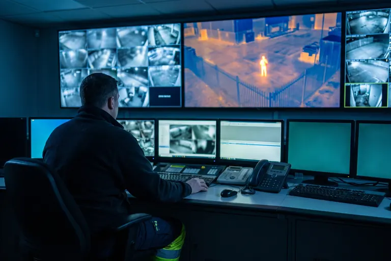 A control room operator watching CCTV feeds beside a thermal view from a security drone over a UK site at night