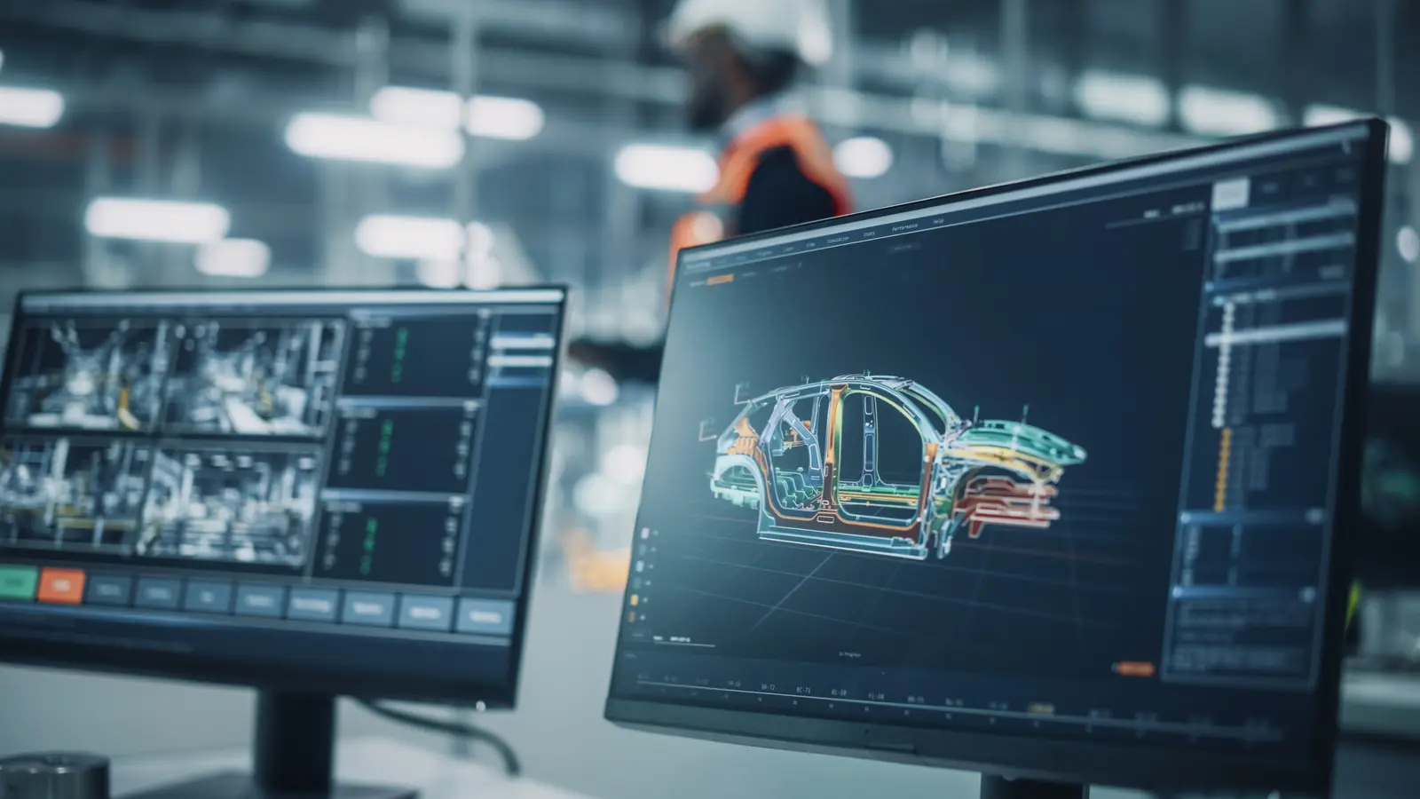 Automotive engineers reviewing a digital vehicle model on screens inside a manufacturing facility