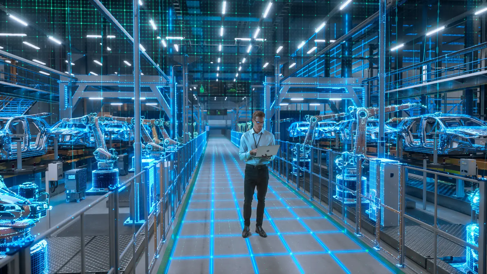 An engineer walking through a digitally simulated virtual car factory, with the production line modelled in 3D